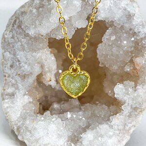 3/$20 14k Gold Grass Green Glitter Resin Heart Charm Handmade Pendant Necklace